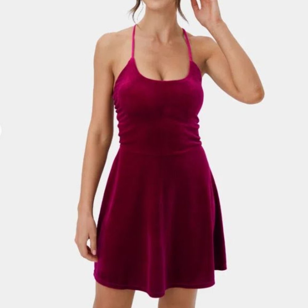 Halara Spaghetti Strap Backless Crisscross Lace Up Velvet Mini Dress, Red, Large